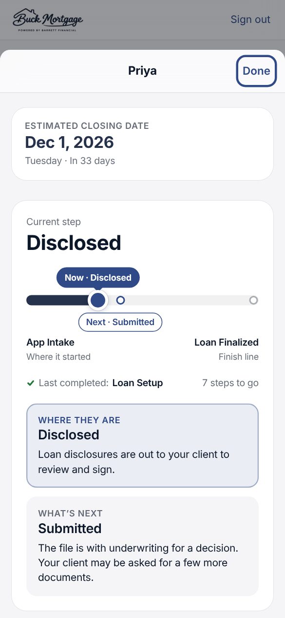 Partner portal: a client's loan at the Disclosed step with estimated closing date