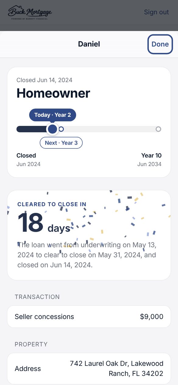 Partner portal: a closed client with days to clear to close and seller concessions