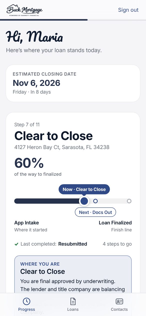 Loan Tracker screen: Clear to Close, step 7 of 11